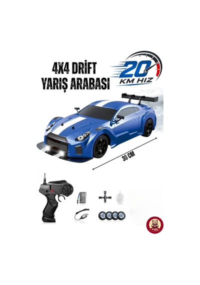 Uzaktan Kumandalı Drift Arabası 20 Km/h Yapabilen 30 Cm 4x4 Çekiş Şarjlı Işıklı Buhar Atabilen Yedek Drift Tekerlek Hediyeli Ralli Arabası Mavi