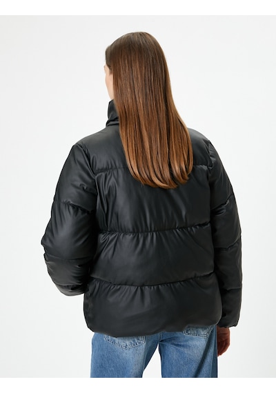 Koton Suni Deri Oversize Şişme Mont Cepli Dik Yaka Fermuarlı Siyah 5wak20169ew Siyah