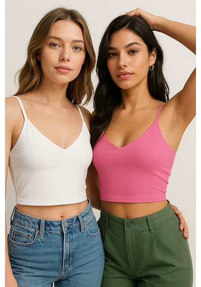 Kadın 2'li Paket Pembe Beyaz Kısa Crop İp Askılı V Yaka Krop Bluz Büstiyer Çok Renkli