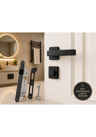 Kare Rozetli Wc Banyo Kapı Kolu Tam Set Mat Siyah 40 Mm Sessiz Kilitli Alüminyum Kol