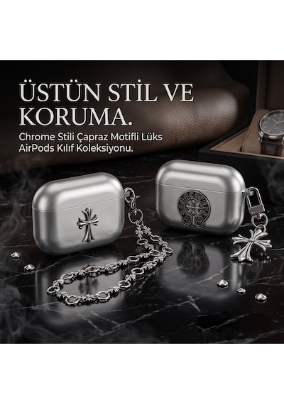 Caseonn Apple Uyumlu Airpods Pro 3 Kılıf Chrome Hearts Metalik Görünümlü Gotik Haç Figürlü Gümüş