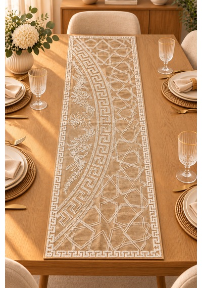 Nakışlı Geometrik Desenli Dekoratif Runner Masa Örtüsü 45x120 Cm Bej