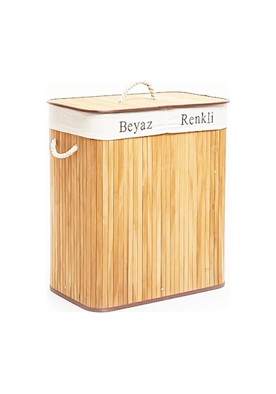 Dikdörtgen İki Bölmeli İç Bez Bambu Ahşap Kirli Çamaşır Sepeti İp Kulp 52x32x62cm Doğal Bambu