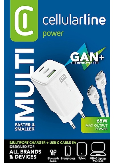 Cellularline Multipower 100 CM 5A Dayanıklı Örgü Usb-C Kablo + 65 W Gan 3 Port Adaptör Beyaz Cellularline Multipower 100 CM 5A Dayanıklı Örgü Usb-C Kablo + 65 W Gan 3 Port Adaptör Beyaz
