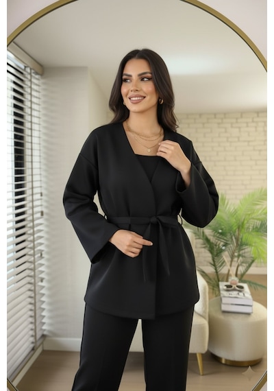 Unika Boutique Kadın Yeni Sezon Kuşaklı Scuba Ceket Kimono Tunik Oversize Trend Rahat Modern Tesettüre Uygun Siyah