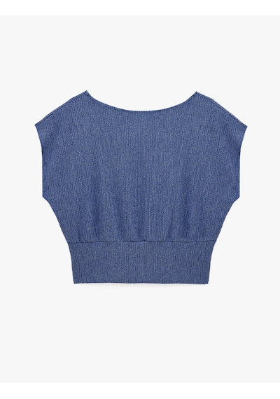 Koton Viskon Karışımlı Bürümcük Bisiklet Yaka Kısa Kollu Crop Bluz Lacivert 6sal60036ık