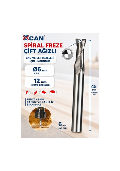 6 Mm Çift Ağızlı Spiral Karbür Freze Ucu 6x12x45 Mm Cnc Ve El Frezesi İçin