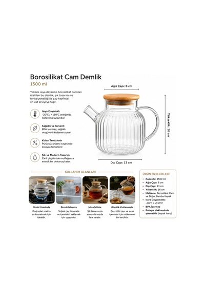 Borosilikat Bambu Kapaklı Isıya Dayanıklı Cam Demlik 1500 Ml Şeffaf Çay Demliği Diğer