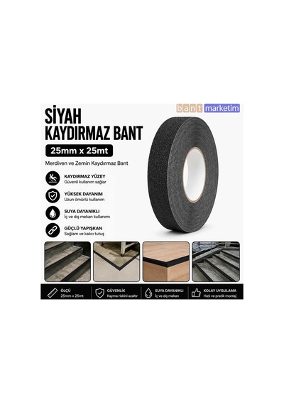 Siyah Merdiven Ve Zemin Kaydırmaz Bant 25mm X 25mt Kaymaz Antislip Bant Bant Marketim