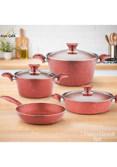 7 Parça Granit Set Cam Kapak - Kırmızı Kırmızı