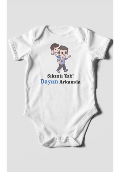 Sıkıntı Yok Dayım Arkamda Baskılı Bebek Zıbını Çıtçıtlı Body %100 Pamuk Kısa Kol Beyaz