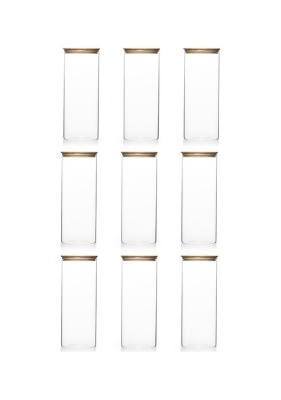 4-3 Bambu Vakumlu Kapaklı Yuvarlak Borosilikat Cam 9lu Kavanoz Seti Saklama Kabı 2100ml 10x30cm Diğer