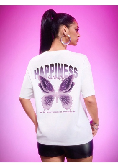 Unisex Happiness Baskılı Tasarım Tshirt Beyaz