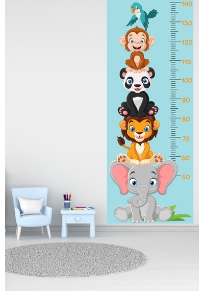 Sevimli Safari Hayvanları Boy Ölçüm Cetveli Boy Ölçer Sticker Turkuaz
