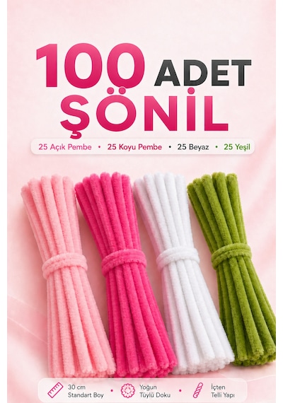 100 Adet Şönil Tel 30 Cm Pembe Beyaz Yeşil Tüylü Hobi Teli El İşi Ve Dıy Çiçek Yapımı