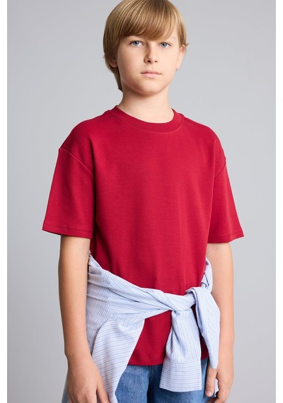 Defacto %100 Pamuk Oversize Bisiklet Yaka Kısa Kollu Basic Tişört Erkek Çocuk G6486a826aubr196 Bordo-br196
