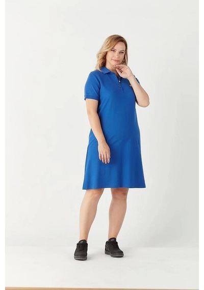 Moda Berray 3010 Saks Günlük Tarz Lacoste Kumaş Büyük Beden Elbise Lacivert