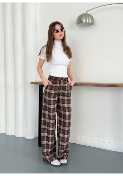 Blackpera Bersh Model Ekose Desen Bel Fular Detaylı Pantolon Kahverengi