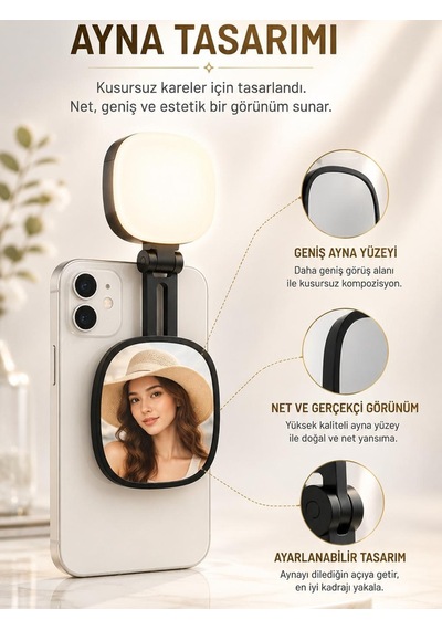 Magsafe Uyumlu Aynalı Selfie Işığı 3 Renk Modlu, Ayarlanabilir Parlaklık, Katlanabilir & Taşınabilir Telefon Işığı