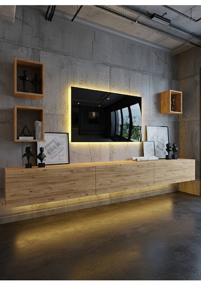 Resital Duvara Monte Ledli 270 Cm Tv Ünitesi Duvar Raflı - Ll6024 Atlantik Çam