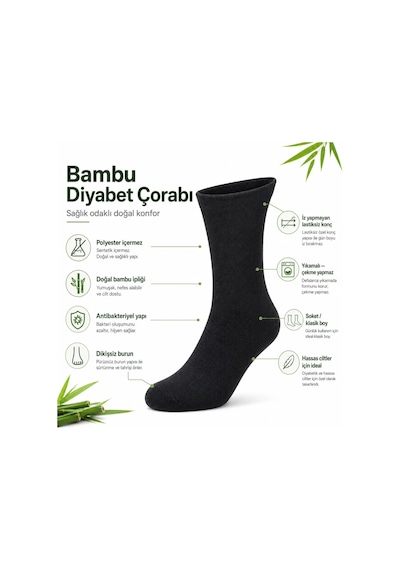 Bambu Diyabet Çorabı Lastiksiz Dikişsiz Burun Siyah Uzun Konç Hassas Ayaklar İçin