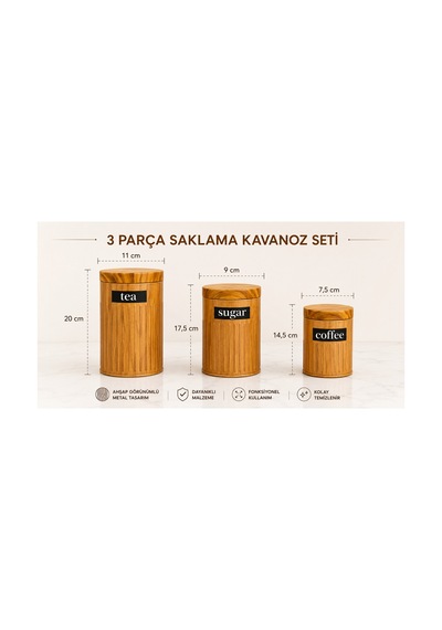 3 Parça Saklama Kavanoz Seti,bambu Kapaklı Erzak Kabı,metal Çay Kahve Şeker Mutfak Saklama Kabı-renk Seçenekli Kahverengi