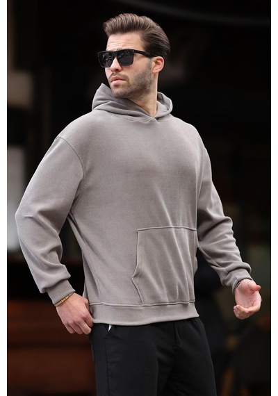 Madmext Gri Kapüşonlu Cep Detaylı Dokulu Sweatshirt E7101 Gri