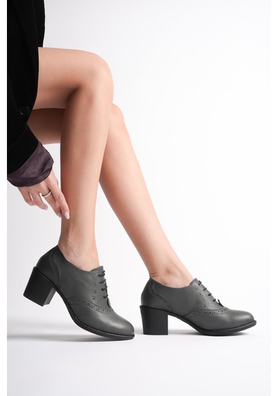 Analin Shoes Kadın Hakiki Deri Bağcıklı Klasik Topuklu Ayakkabı Gri