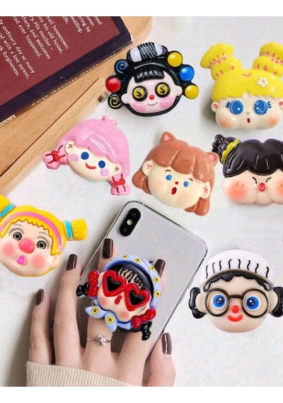 Sevimli Koca Kafa Bebek Şeklinde Telefon Standı, Kendinden Yapışkanlı Telefon Tutucu Mavi