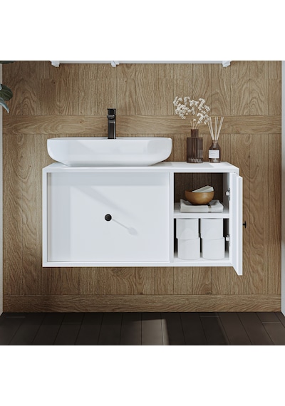Gusto Ayaksız Oval Lavabolu Mdf 90 Cm Çekmeceli Banyo Dolap Beyaz Mat Beyaz