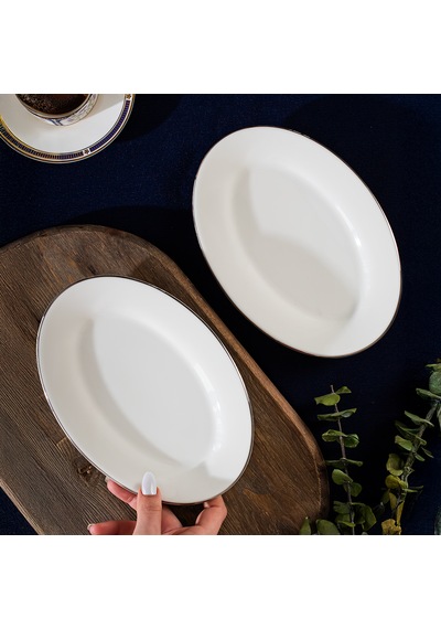 Porsima 4443 Gardenya Porselen Platin Fileli Kayık Tabak Seti - Oval Kahvaltılık Sunumluk Seti 20cm Beyaz