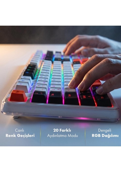Troya Mix Rgb Mekanik Oyuncu Klavyesi, Kablosuz 3 Mod, Red Switch, Full Anti-ghosting, 4000 Mah, Türkçe Q, Numpad Kar