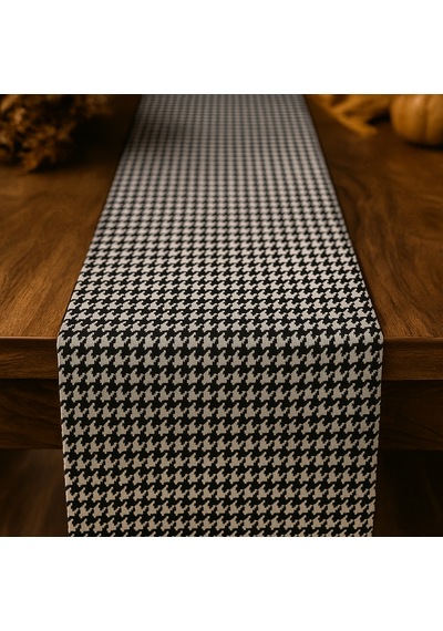 Kazayağı Desenli Duck Kumaş Masa Runner 40 140 Cm Siyah Beyaz Modern Dekoratif Runner Siyah