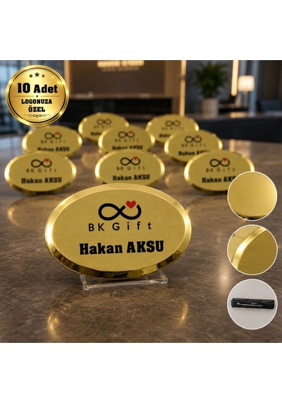 Logonuza Özel 10 Adet Oval Metal Yaka İsimliği Gold Gümüş Renk 6,5x4,5 Cm Gold