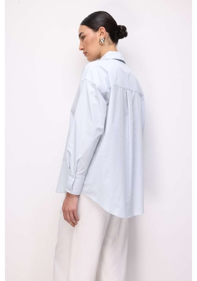 Mizalle Pamuklu Mavi Oversize Gömlek Mavi