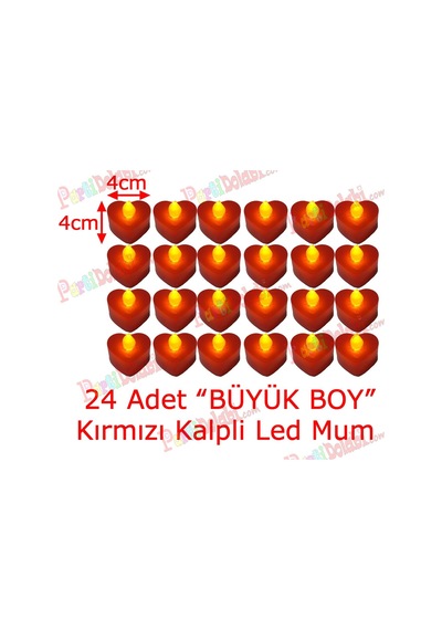 24 Adet 4x4 CM Işıklı Kalp Mum Görünümlü Kırmızı Led Mum