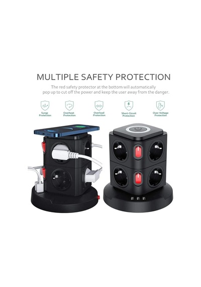 Termal Akım Korumalı Isıya Dayanıklı 3 Usb 8 Priz Ve Wireless Kablosuz Şarj 2.4 Amper Kablolu Priz 0 - 2 M