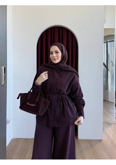 Olla Collection Keten Gömlek Pantolon Takım - Bordo