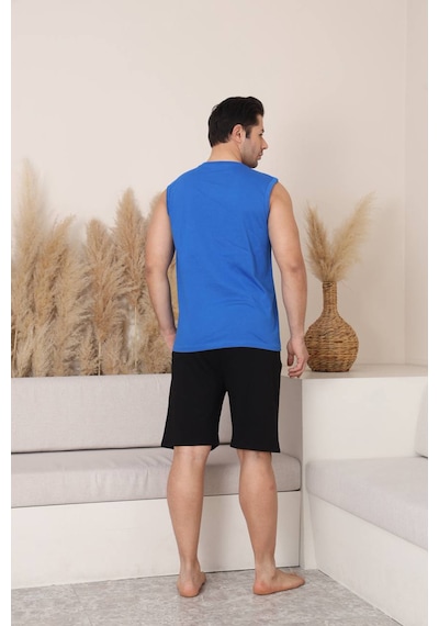 Seboteks %100 Pamuklu Kolsuz Cepli Erkek Şortlu Pijama Takımı 2011 Saks