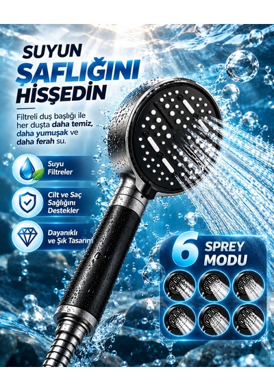 6 Sprey Modlu Filtreli Duş Başlığı Büyük Su Paneli Silikon Nozullu Modern Tasarım - Lisinya Çok Renkli
