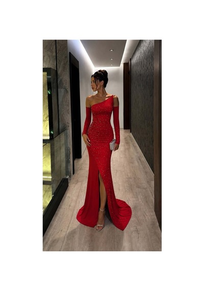 DefyModa Kadın Günlük Tek Omuz Taş Detaylı Abiye Elbise Kırmızı