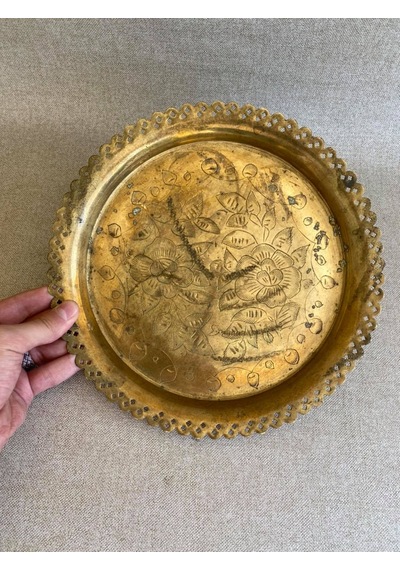 Vintage Sarı Metal Çay Kahve Tepsisi 27Cm