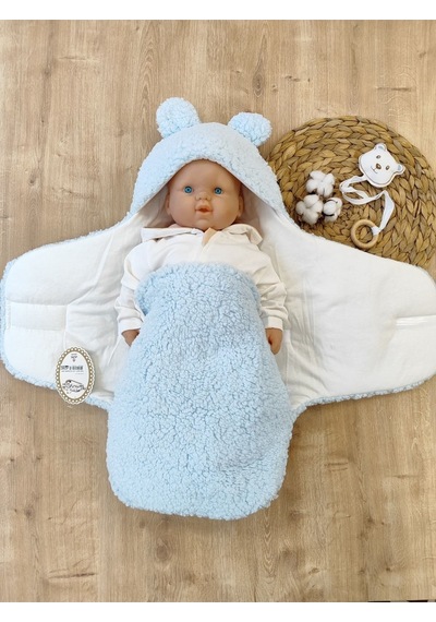 Peluş Bebek Dış Kundağı Oyuncaklı Uyku Tulumu Hastane Çıkışı Hediyelik Sarma Battaniye Mavi