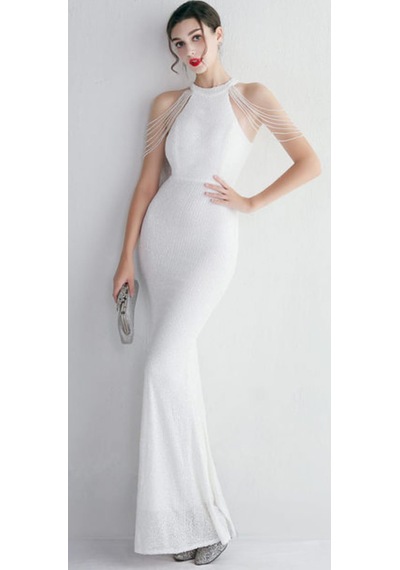 Hanife Glam Couture Hanife Glam Halter Yaka Taş Tasarımlı Pul Payet Abiye Elbise Beyaz