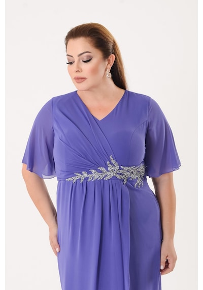 Lilas Xxl Büyük Beden Lila Renkli Kısa Şifon Abiye Elbise