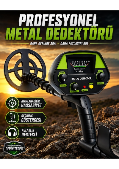 Profesyonel Metal Ve Define Dedektörü 5 Khz Ayarlanabilir Hassasiyet, Metal Ayrım Modu, Derinlik Göstergesi Ve Kulaklık Girişli