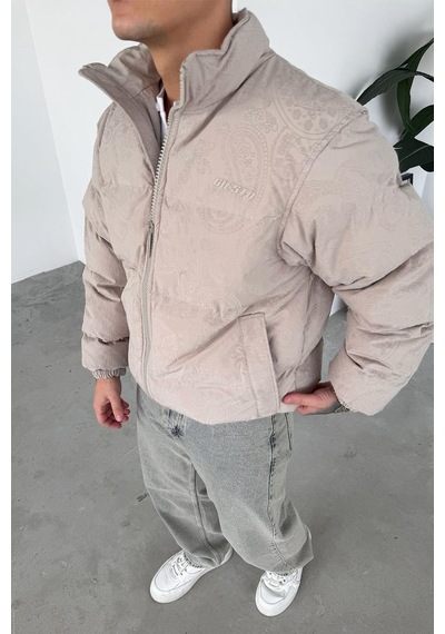 Taş Etnik Kabartma Detay Oversize Puffer Mont Taş