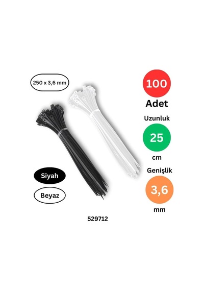 Plastik Kablo Bağı 250 Mm X 3.6 Mm, Siyah Ve Beyaz, Toplam 100 Adet Set