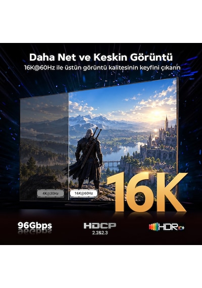 Hdmı 2.2 Kablo 16k 96gbps, 16k 60hz, 8k 240hz, Hdmı 2.2, Alüminyum Gövde - 2 Metre