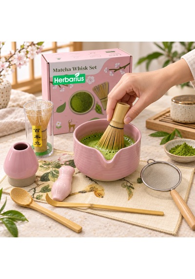 Herbarius 8 Parça Mat Pudra Pembe Renk Matcha Çayı Hazırlama Seti - Geleneksel Japon Matcha Seti